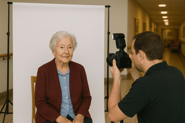 Een oudere dame laat pasfoto's maken op locatie in een verzorgingshuis