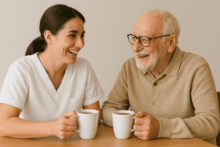 Een zorgprofessional drinkt samen met een senior een kopje koffie